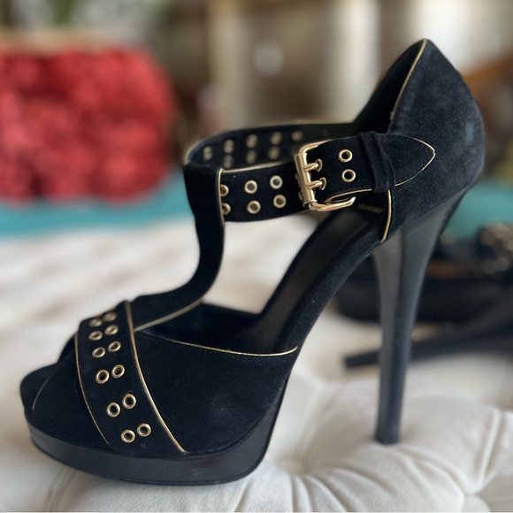 Fendi Shoes - FENDI black suede sandals gold detail heels